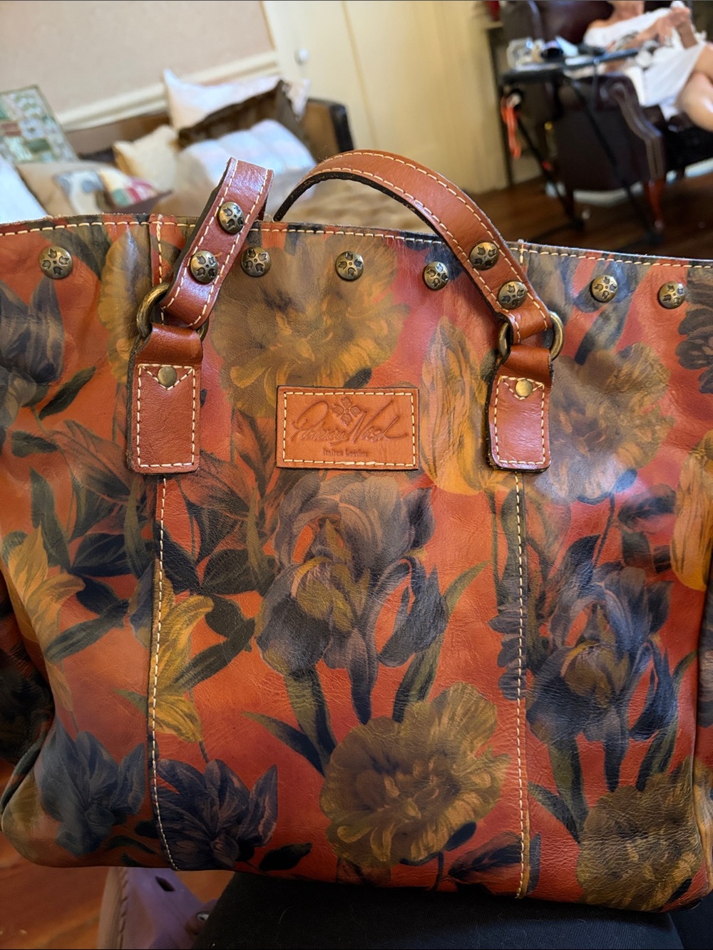 Patricia Nash Floral Leather Tote Bag in Burnt Orange